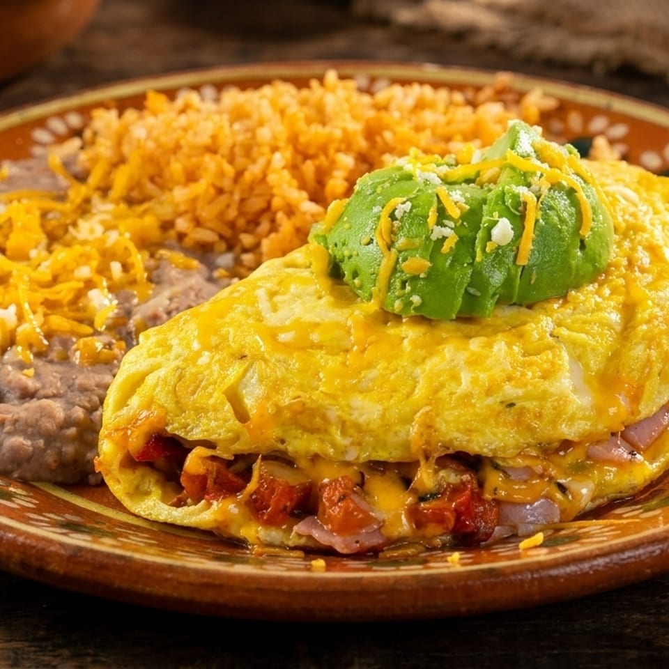 A Mexican omelet with avocado, rice, and refried beans on a decorative brown plate.