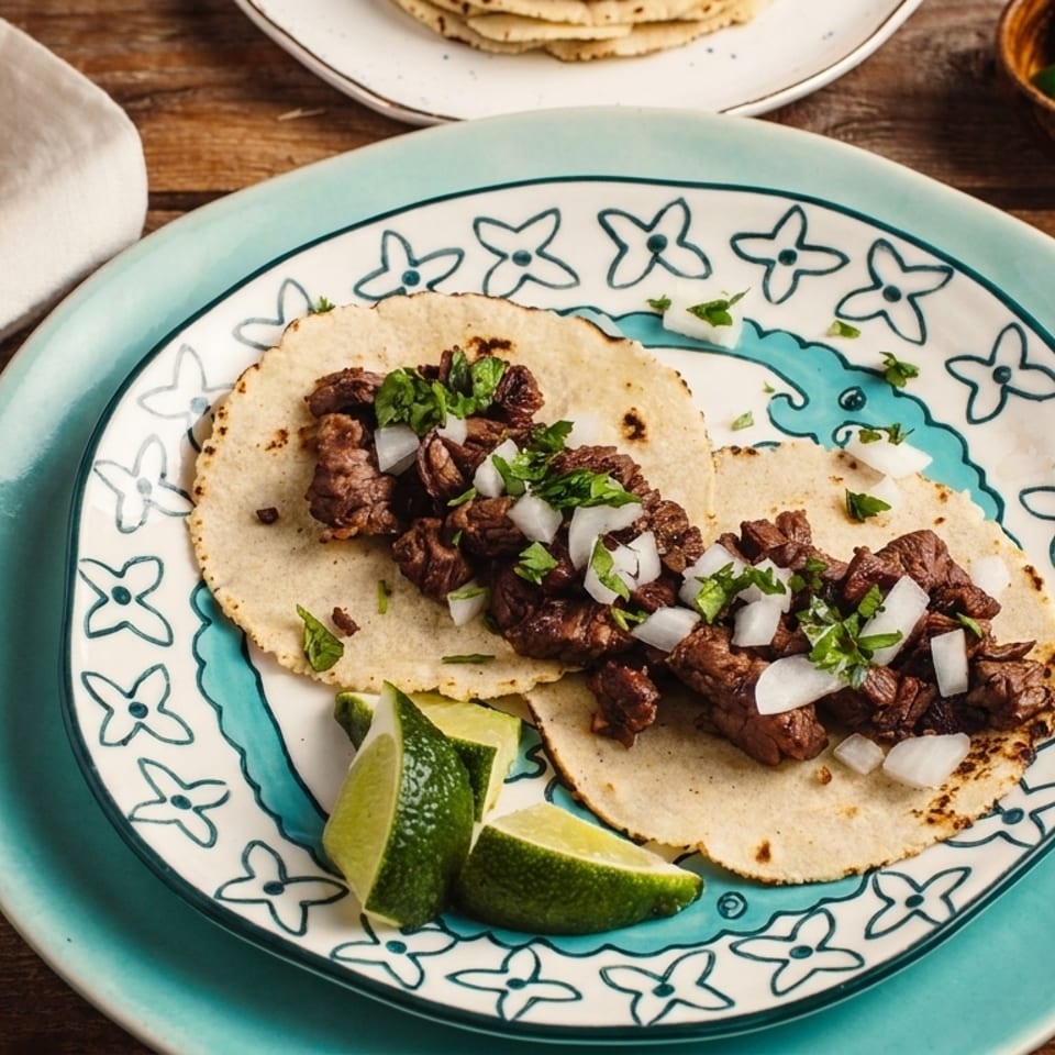 Two carne asada tacos with onions, cilantro, and lime wedges on a decorative plate.