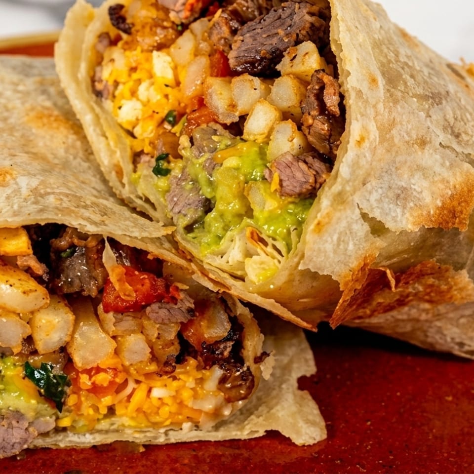 Two halves of a large burrito filled with steak, potatoes, guacamole, and cheese on a rustic plate.
