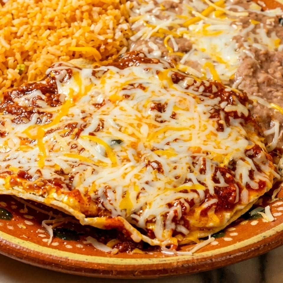 A vibrant Mexican dish with cheesy enchiladas, Spanish rice, and refried beans on a decorative plate.