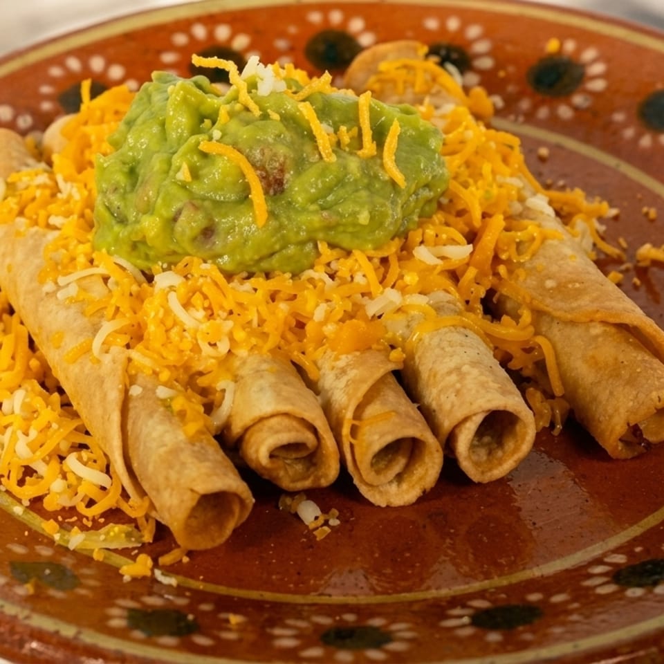 Crispy taquitos topped with shredded cheese and a dollop of guacamole on a decorative brown plate.