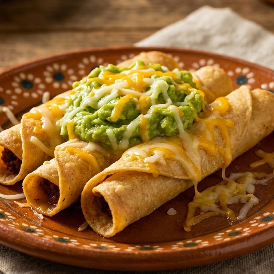 Three golden taquitos topped with guacamole and melted cheese on a decorative brown plate.
