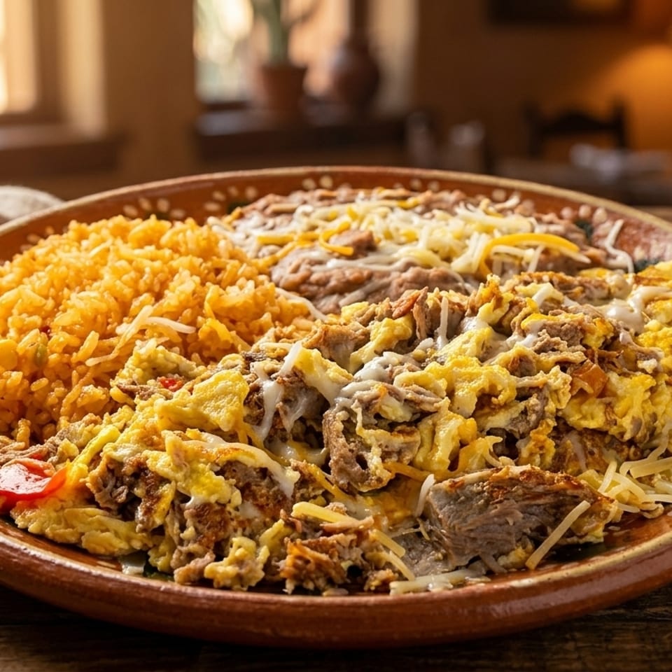 A large platter of Mexican food with rice, refried beans, scrambled eggs, and shredded beef.