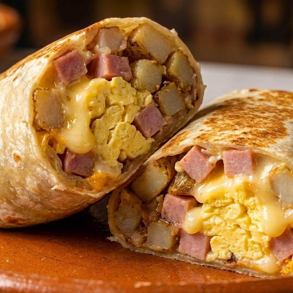 Two halves of a breakfast burrito filled with scrambled eggs, ham, potatoes, and melted cheese.